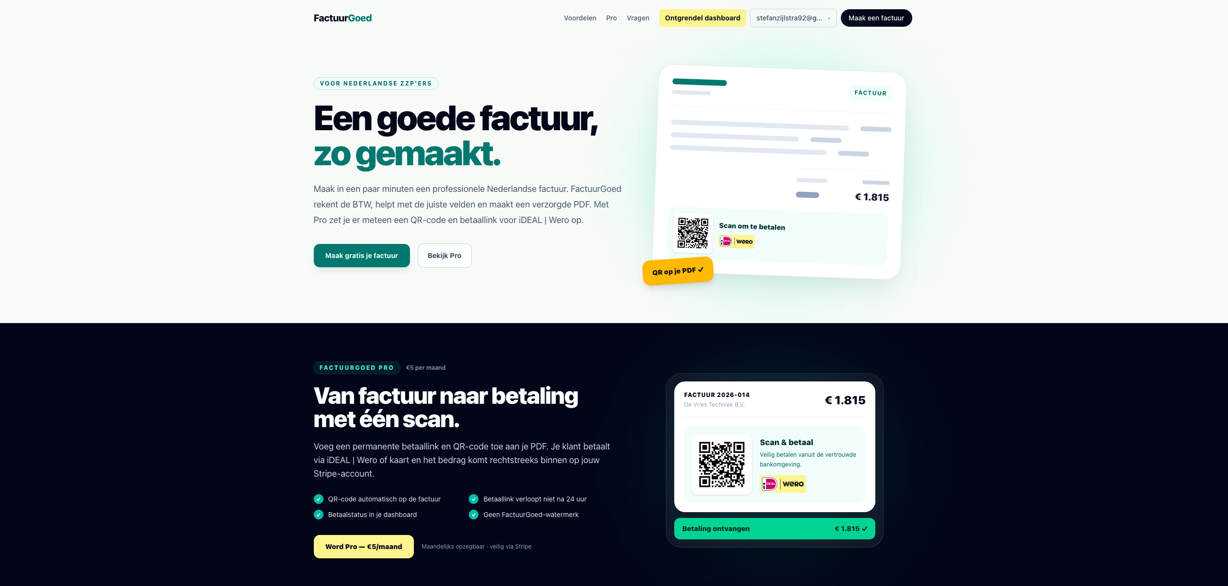 Homepage van FactuurGoed met factuur- en QR-codevoorbeeld