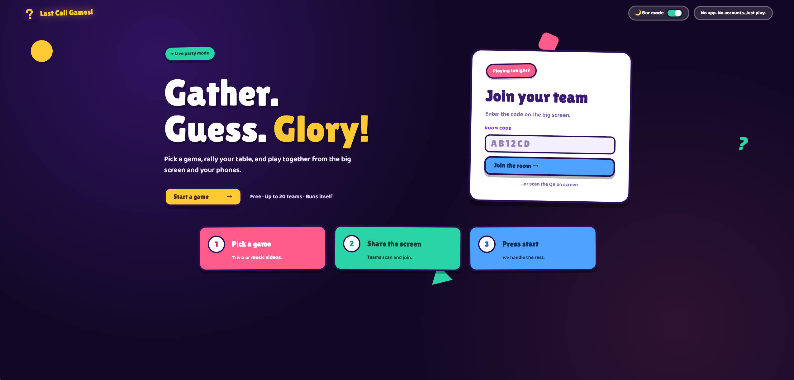 Homepage van Last Call Games met partygame en teamcode