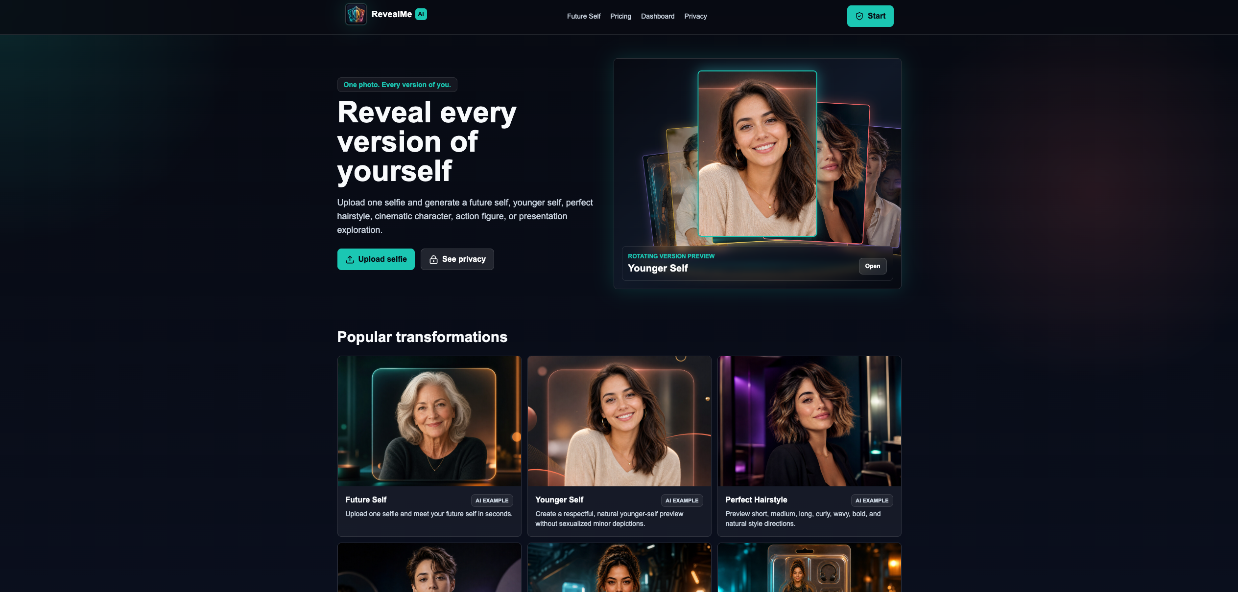 Homepage van RevealMe AI met AI-fototransformaties