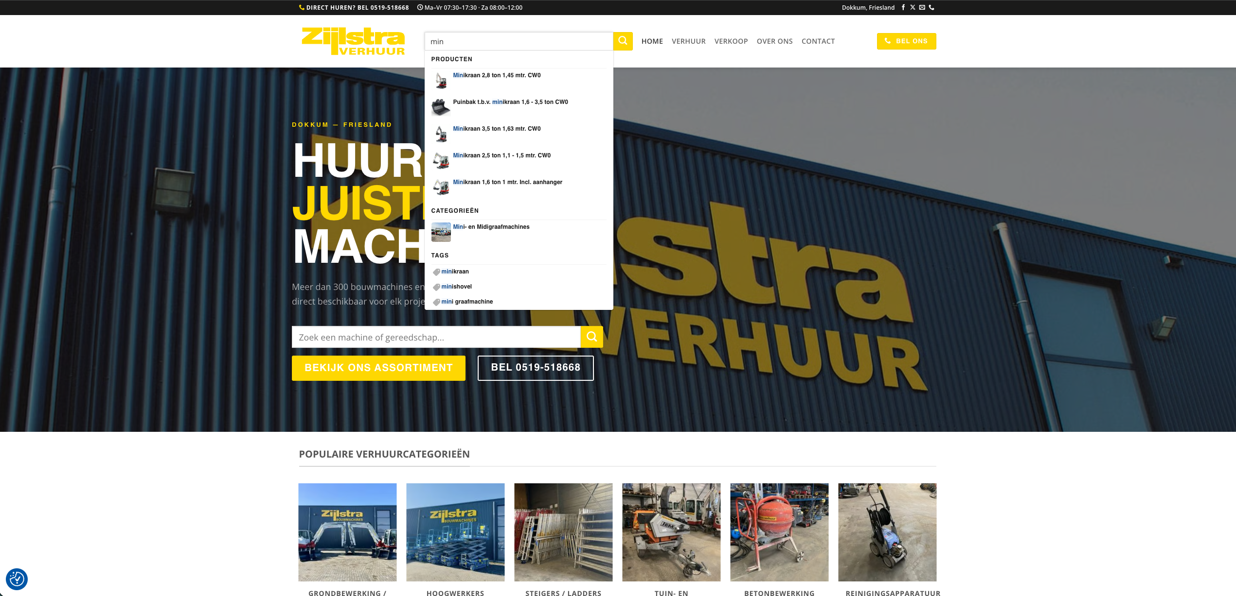 Homepage van Zijlstra Verhuur met machinezoeker en verhuurcategorieën